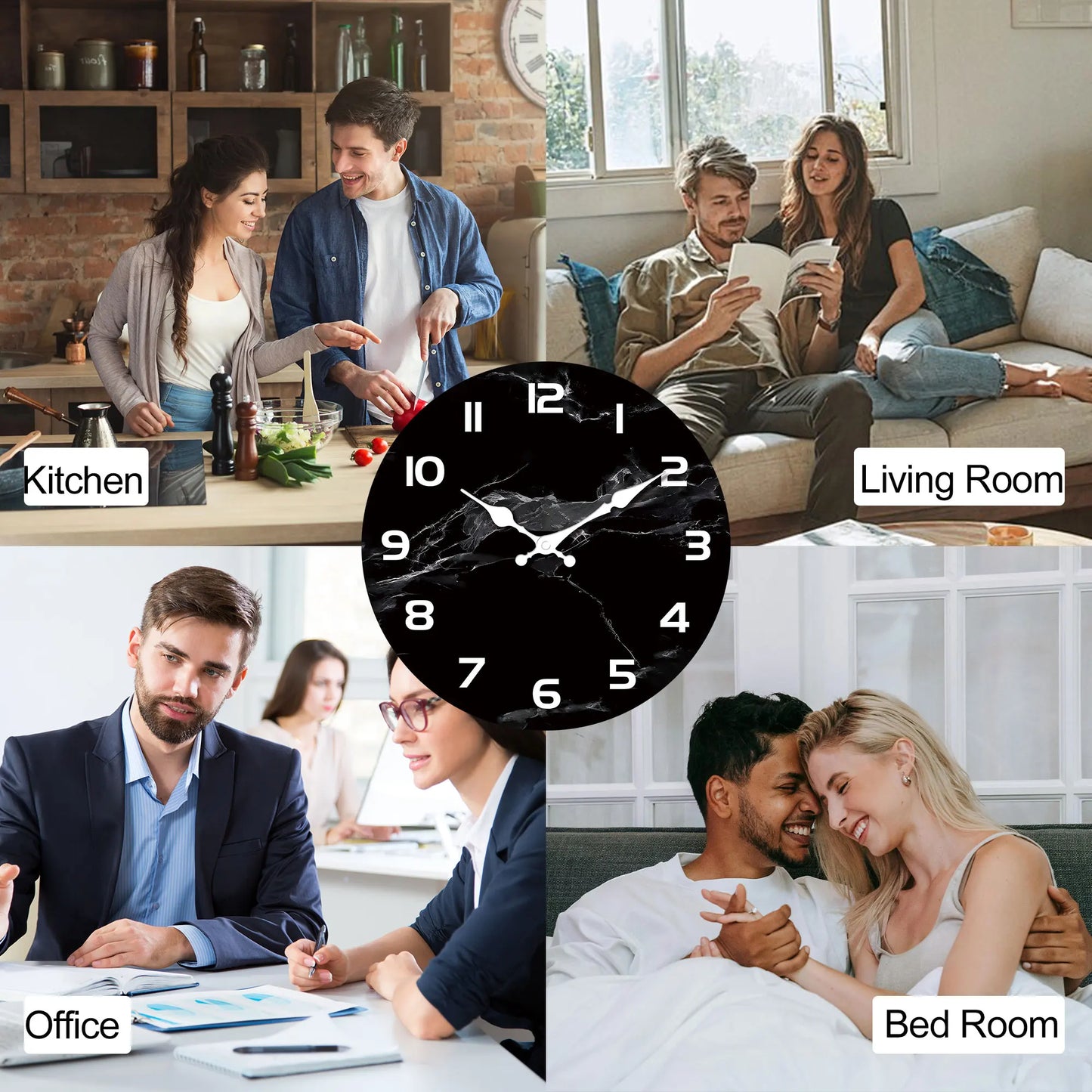 Horloge murale en bois effet marbre noir