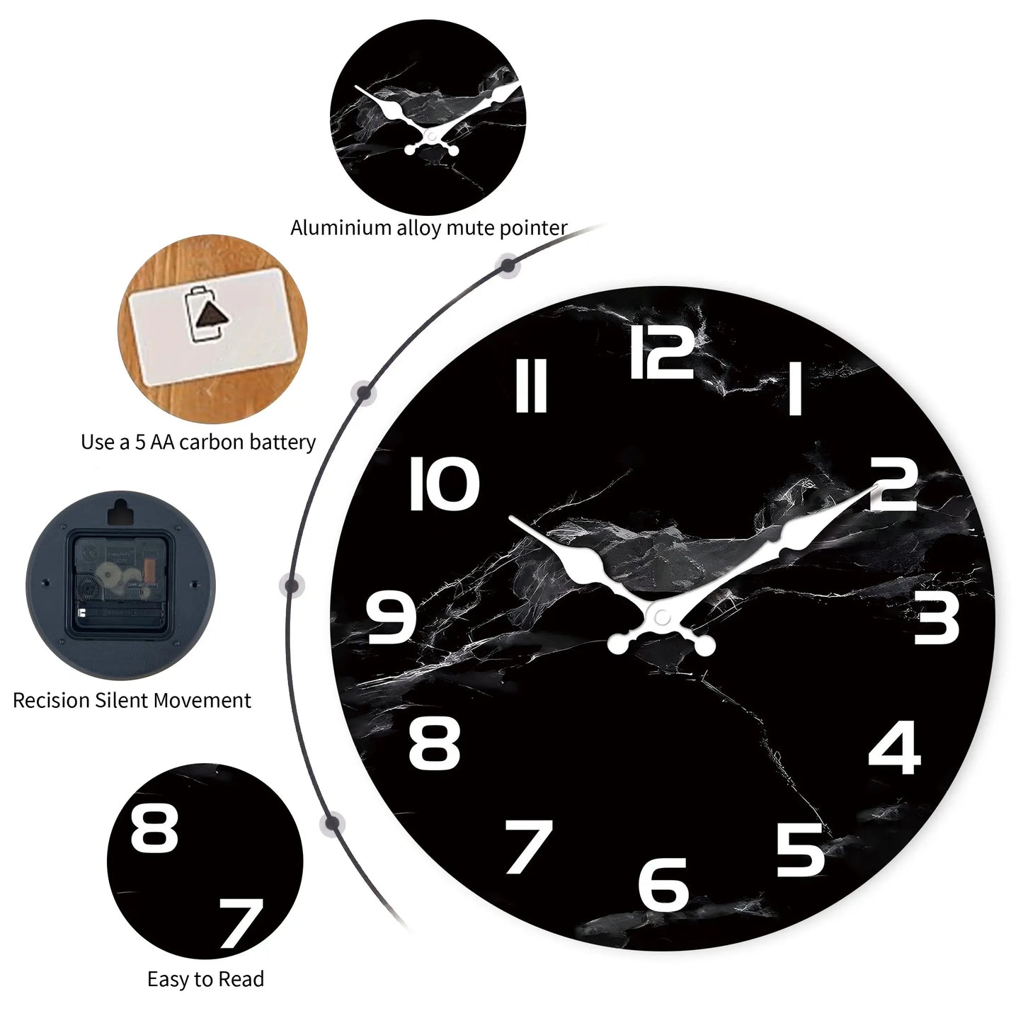 Horloge murale en bois effet marbre noir