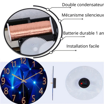 Horloge murale design bleu en verre trempé
